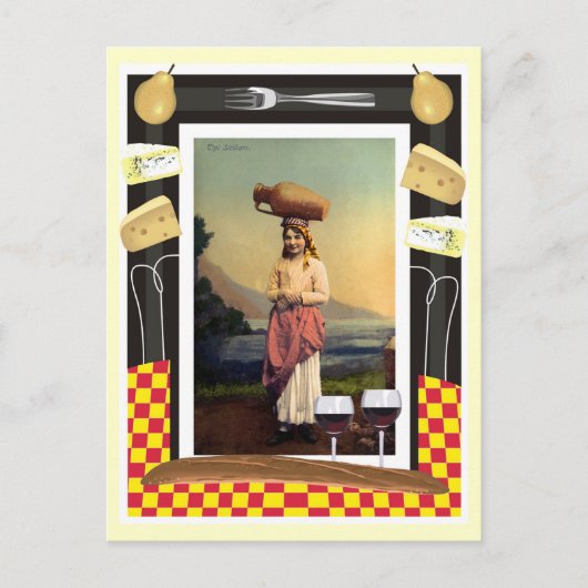 ヴィンテージ伝統的・シチリー・ガール・ワイン・チーズ ポストカード (正面)