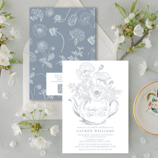 ヴィンテージ何かブルーブライダルティーQRブライダルシャワー 招待状