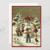 ヴィンテージ作りの子ども雪だるま シーズンカード (正面/裏面)