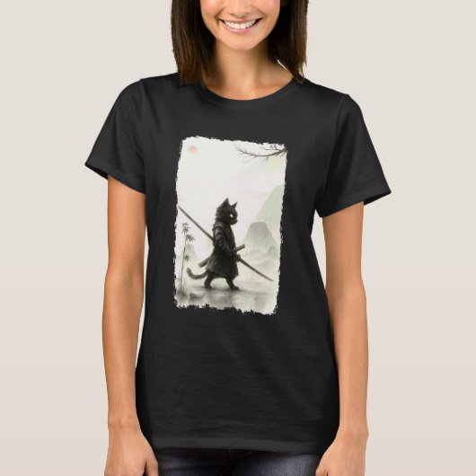 ヴィンテージ侍猫武士道日本浮世絵グラフィック Tシャツ (正面)