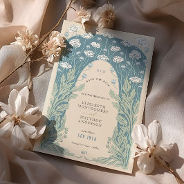 ヴィンテージ保存日ティール(緑がかった色)ブルーホワイトクリーム 招待状