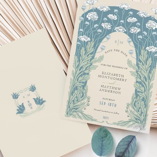 ヴィンテージ保存日ティール(緑がかった色)ブルーホワイトクリーム 招待状