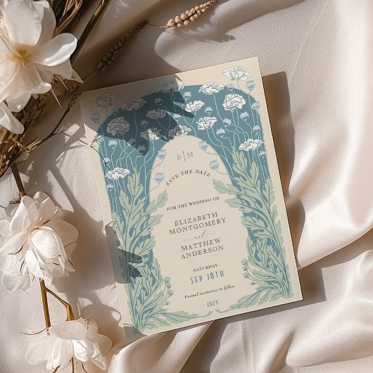 ヴィンテージ保存日ティール(緑がかった色)ブルーホワイトクリーム 招待状