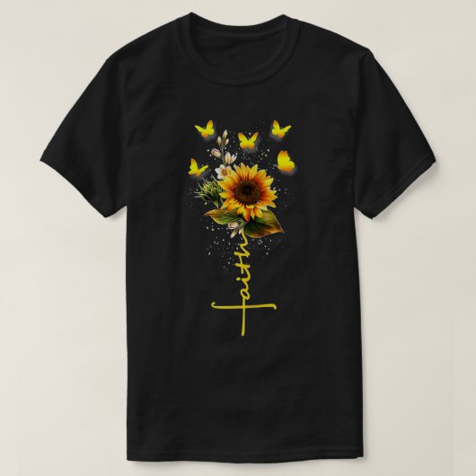 ヴィンテージ信仰クロスひまわり蝶の花 Tシャツ (デザイン正面)