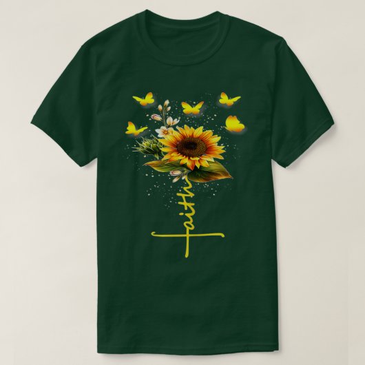 ヴィンテージ信仰クロスひまわり蝶の花 Tシャツ (デザイン正面)