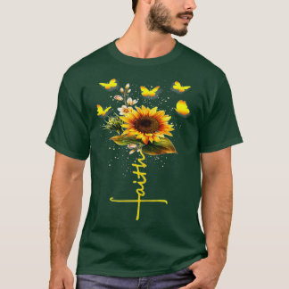 ヴィンテージ信仰クロスひまわり蝶の花 Tシャツ