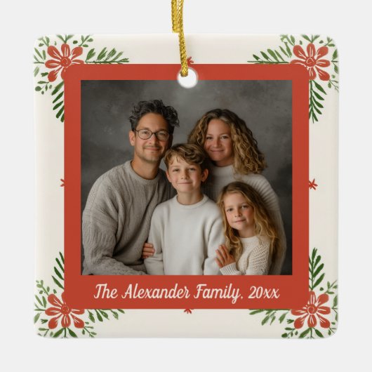 ヴィンテージ優美な花ファミリークリスマスフォト セラミックオーナメント (正面)