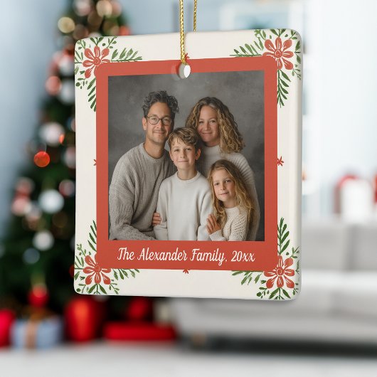 ヴィンテージ優美な花ファミリークリスマスフォト セラミックオーナメント