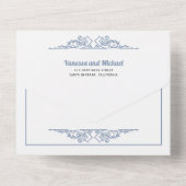 ヴィンテージ元素ほこりっぽい青タイポグラフィ結婚ズ オールインワン招待状 (裏面)