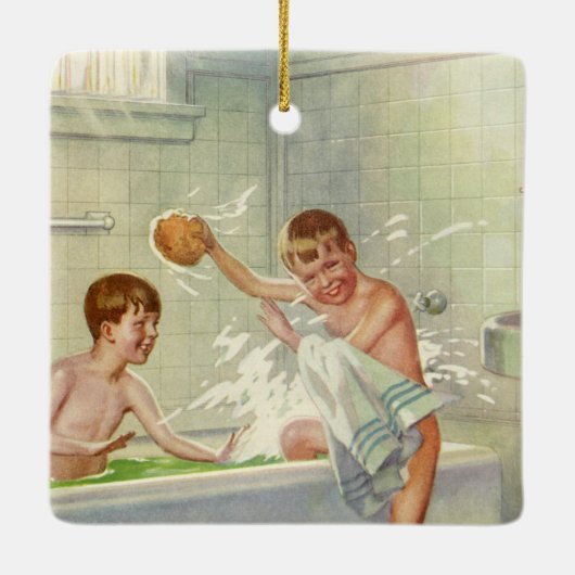 ヴィンテージ兄弟、子供、男の子は浴槽に飛び込んだ。 セラミックオーナメント (裏面)