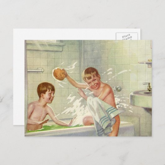 ヴィンテージ兄弟、子供、男の子は浴槽に飛び込んだ。 ポストカード (正面/裏面)