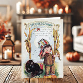 ヴィンテージ先住民アメリカインディアン少年感謝祭 シーズンカード