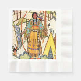 ヴィンテージ先住民アメリカンウーマンビレッジフォレスト 縁ありランチョンナプキン