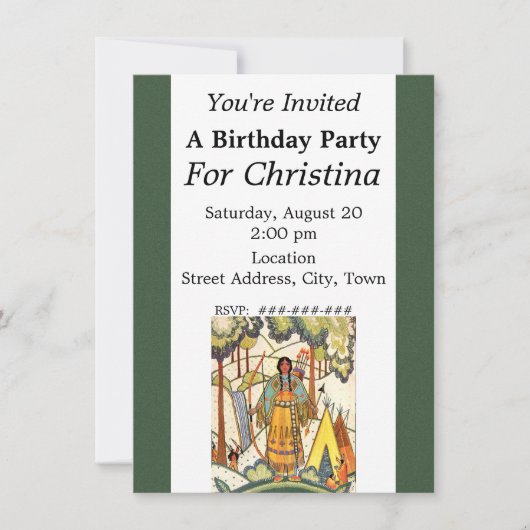 ヴィンテージ先住民アメリカンウーマンヴィレッジ誕生日 招待状 (正面)