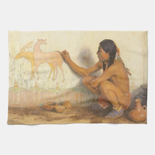 ヴィンテージ先住民アメリカン、インディアンアーティストby Couse キッチンタオル (横)