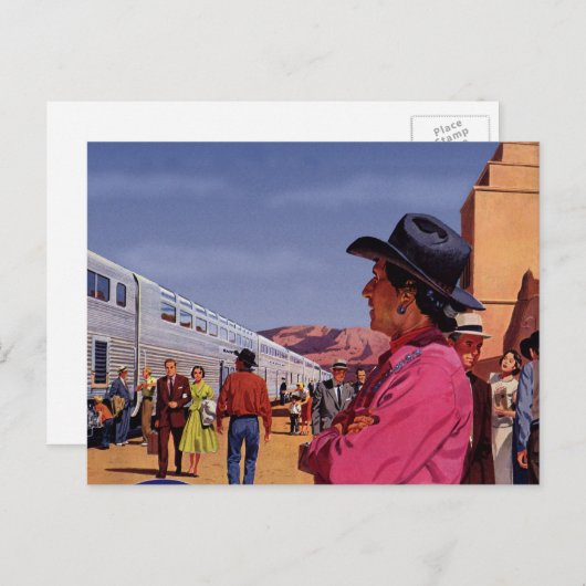 ヴィンテージ先住民アメリカン・インディアン・アット・ザ・トレイン ポストカード (正面/裏面)