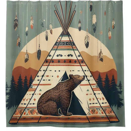ヴィンテージ先住民テペベアトライバルプレーンズインディアン シャワーカーテン (正面)