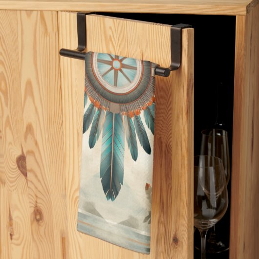 ヴィンテージ先住民羽レトロドリームキャッチャー模様 キッチンタオル (三つ折り)