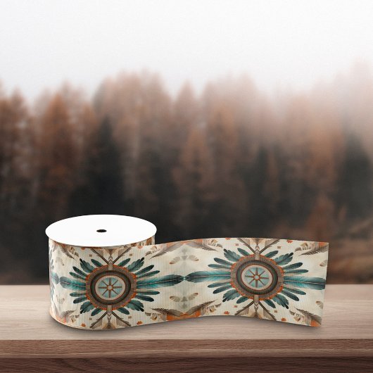 ヴィンテージ先住民羽レトロドリームキャッチャー模様 サテンリボン