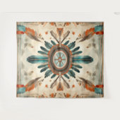 ヴィンテージ先住民羽レトロドリームキャッチャー模様 タペストリー (正面(横))