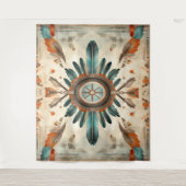 ヴィンテージ先住民羽レトロドリームキャッチャー模様 タペストリー (正面)