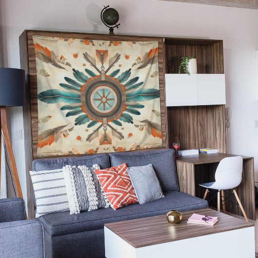 ヴィンテージ先住民羽レトロドリームキャッチャー模様 タペストリー