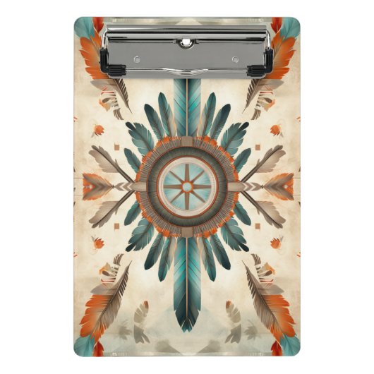 ヴィンテージ先住民羽レトロドリームキャッチャー模様 ミニクリップボード (正面)