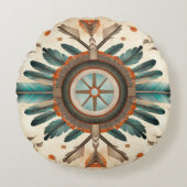 ヴィンテージ先住民羽レトロドリームキャッチャー模様 ラウンドクッション (正面)