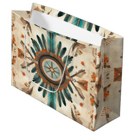 ヴィンテージ先住民羽レトロドリームキャッチャー模様 ラージペーパーバッグ