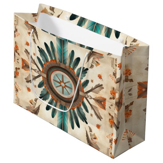 ヴィンテージ先住民羽レトロドリームキャッチャー模様 ラージペーパーバッグ (正面アングル)