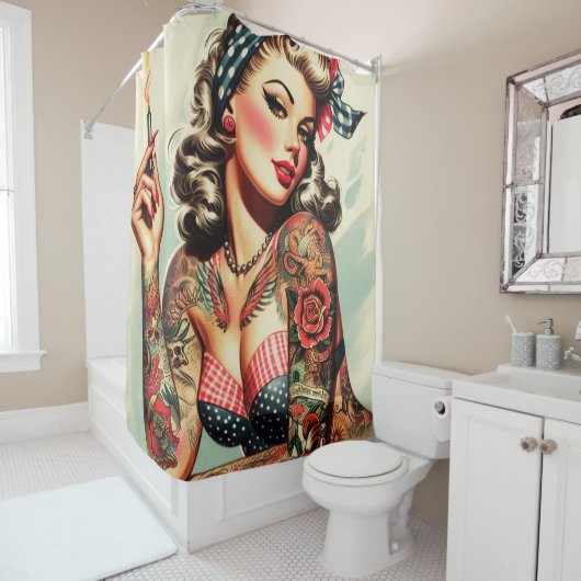 ヴィンテージ入れ古い学校のピンアップ シャワーカーテン (インサイチュ)