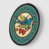 ヴィンテージ入れ墨の鳥とハート ラージ壁時計 (傾斜)