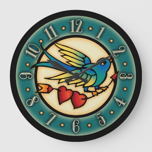 ヴィンテージ入れ墨の鳥とハート ラージ壁時計 (正面)