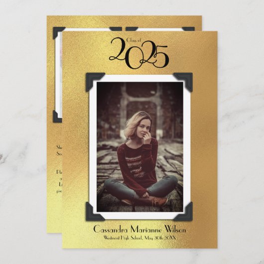 ヴィンテージ写真の卒業発表金ゴールド 招待状 (正面/裏面)