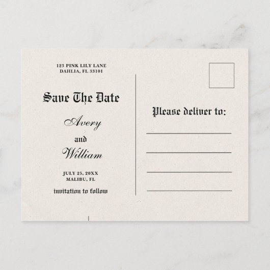 ヴィンテージ写真の新聞の結婚式の日付を保存 ポストカード (裏面)