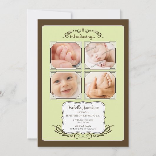 ヴィンテージ写真クワッド 5x7" ライム 誕生児のお知らせ 案内状 (正面)
