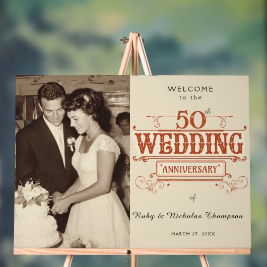 ヴィンテージ写真付き結婚50周年記念ウェルカムサイン アクリルサイン (ニュートラル)