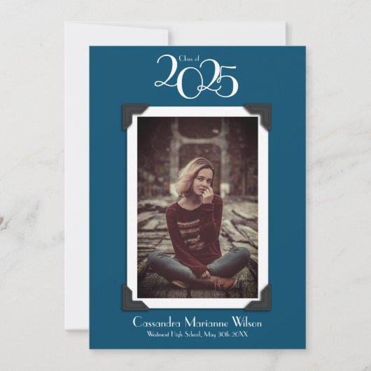 ヴィンテージ写真卒業発表ネイビーブルー 招待状 (正面)