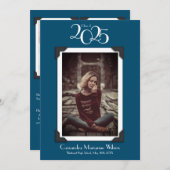 ヴィンテージ写真卒業発表ネイビーブルー 招待状 (正面/裏面)