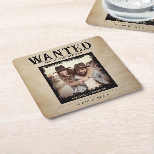 ヴィンテージ写真指名手配結婚ポスター スクエアペーパーコースター (アングル)