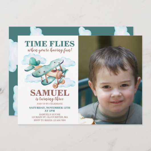 ヴィンテージ写真誕生日パーティータイムフライ 招待状 (正面/裏面)