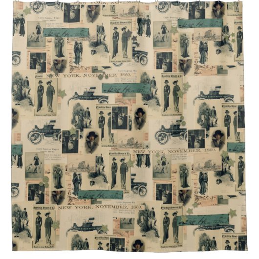 ヴィンテージ写真19世紀コラージュ シャワーカーテン (正面)