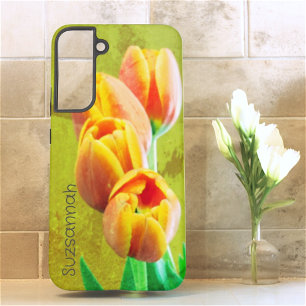 ヴィンテージ写真 オレンジのチューリップの花テンプレートテキスト SAMSUNG GALAXY S22+ケース