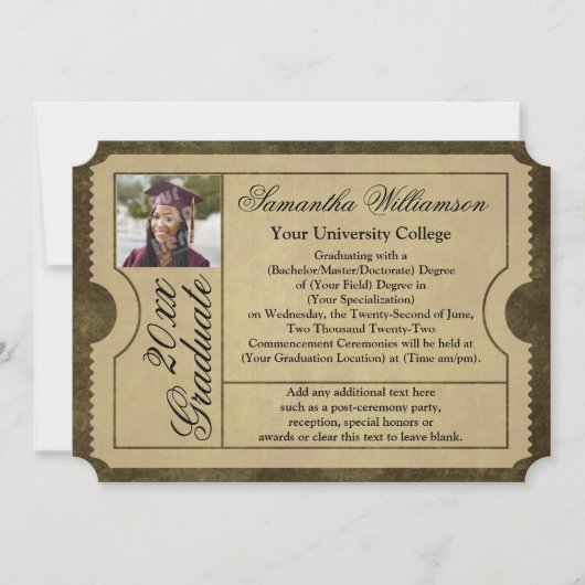 ヴィンテージ写真 大学卒業式チケット招待状 招待状 (正面)