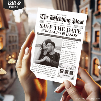 ヴィンテージ写真Save the Date 結婚's Newspaper シーズンカード