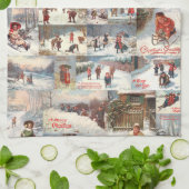 ヴィンテージ冬おもしろいクリスマスコラージュ キッチンタオル (折り畳み)