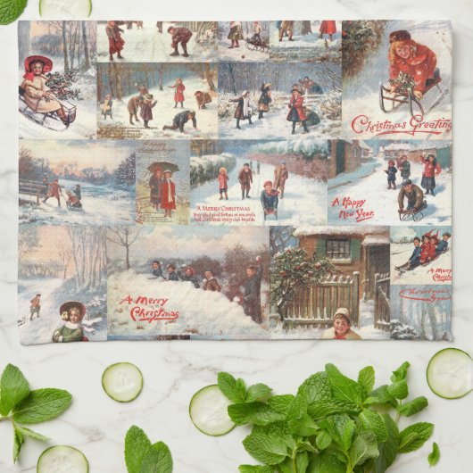 ヴィンテージ冬おもしろいクリスマスコラージュ キッチンタオル (折り畳み)