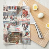 ヴィンテージ冬おもしろいクリスマスコラージュ キッチンタオル (四つ折り)
