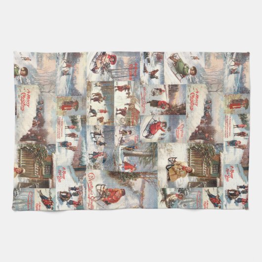 ヴィンテージ冬おもしろいクリスマスコラージュ キッチンタオル (横)