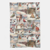 ヴィンテージ冬おもしろいクリスマスコラージュ キッチンタオル (縦)